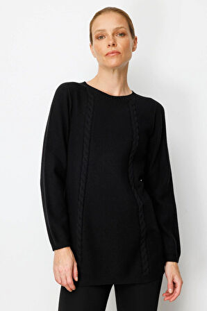 Kadın Triko Yanı Yırtmaçlı Pirinç Örgü Kazak Siyah