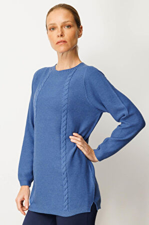 Kadın Triko Yanı Yırtmaçlı Pirinç Örgü Kazak İndigo