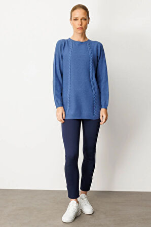 Kadın Triko Yanı Yırtmaçlı Pirinç Örgü Kazak İndigo