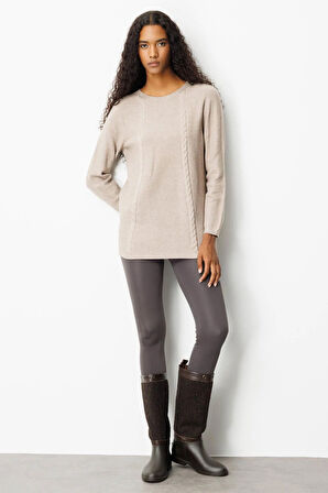 Kadın Triko Yanı Yırtmaçlı Pirinç Örgü Kazak Vizon