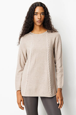 Kadın Triko Yanı Yırtmaçlı Pirinç Örgü Kazak Vizon