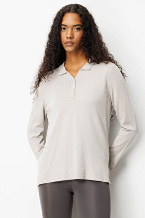 Kadın Polo Yaka Yakası ve Kolu Düğmeli Bluz Vizon