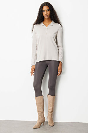 Kadın Polo Yaka Yakası ve Kolu Düğmeli Bluz Vizon