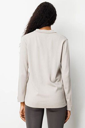 Kadın Polo Yaka Yakası ve Kolu Düğmeli Bluz Vizon