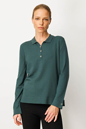 Kadın Polo Yaka Yakası ve Kolu Düğmeli Bluz Yeşil