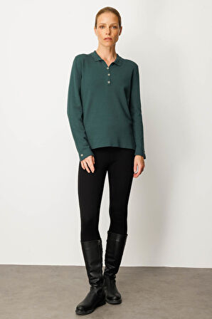 Kadın Polo Yaka Yakası ve Kolu Düğmeli Bluz Yeşil