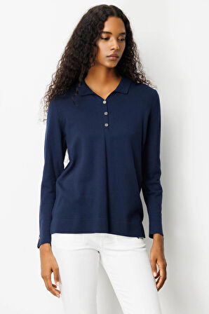 Kadın Polo Yaka Yakası ve Kolu Düğmeli Bluz Lacivert