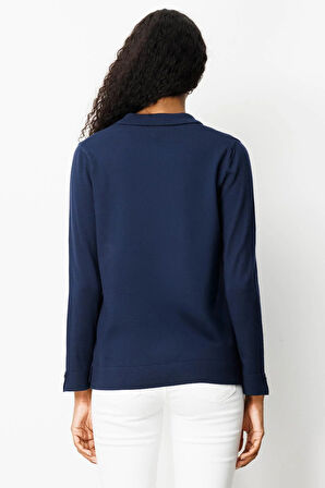 Kadın Polo Yaka Yakası ve Kolu Düğmeli Bluz Lacivert