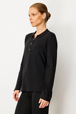 Kadın Polo Yaka Yakası ve Kolu Düğmeli Bluz Siyah
