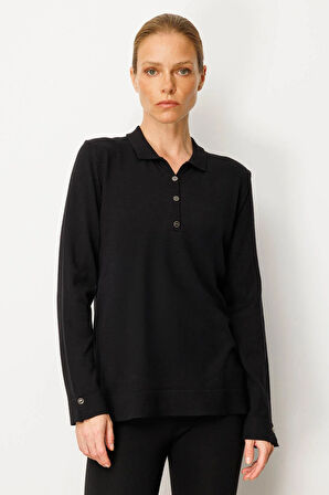 Kadın Polo Yaka Yakası ve Kolu Düğmeli Bluz Siyah