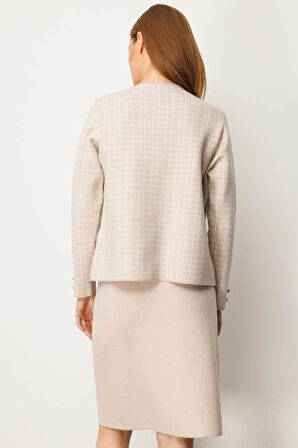 Kadın Triko Kareli Simli Ceket Bej