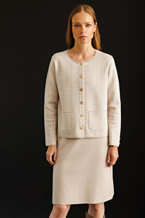 Kadın Triko Kareli Simli Ceket Bej