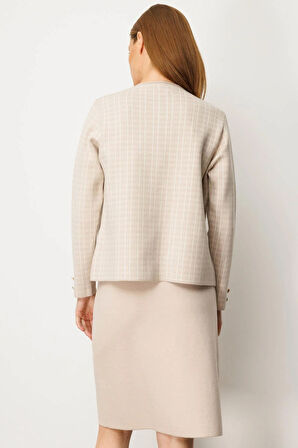 Kadın Triko Kareli Simli Ceket Bej