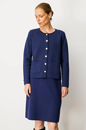 Kadın Triko Kareli Simli Ceket Lacivert