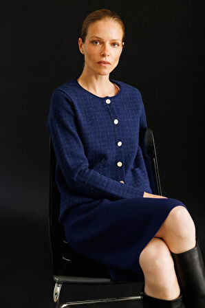 Kadın Triko Kareli Simli Ceket Lacivert