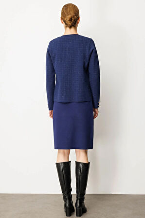 Kadın Triko Kareli Simli Ceket Lacivert