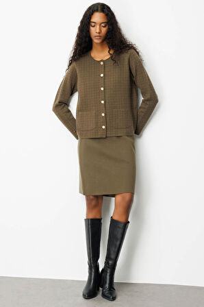 Kadın Triko Kareli Simli Ceket Haki