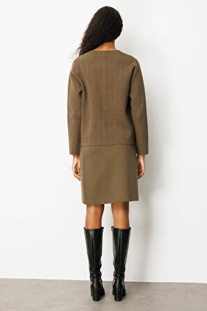 Kadın Triko Kareli Simli Ceket Haki