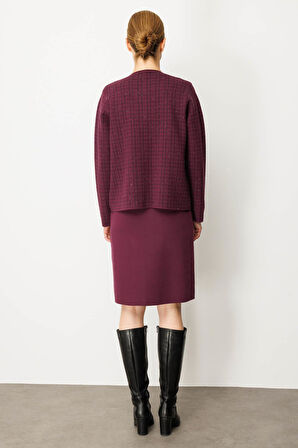 Kadın Triko Kareli Simli Ceket Mürdüm