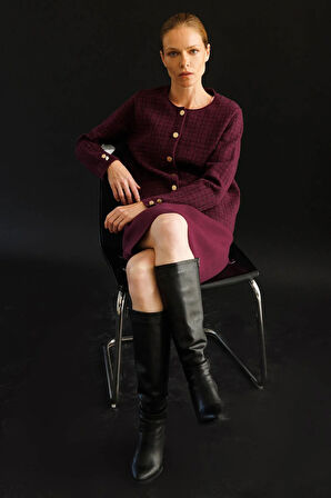 Kadın Triko Kareli Simli Ceket Mürdüm