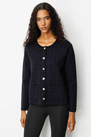 Kadın Triko Kareli Simli Ceket Siyah