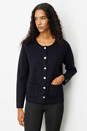 Kadın Triko Kareli Simli Ceket Siyah