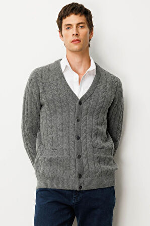 Erkek V Yaka Kalın Saç Örgülü Yün Ceket Füme