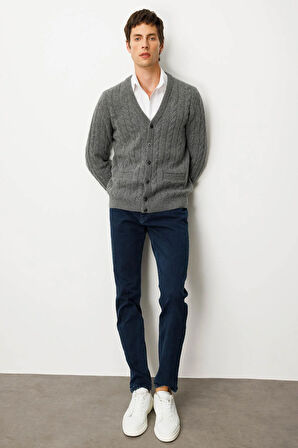 Erkek V Yaka Kalın Saç Örgülü Yün Ceket Füme