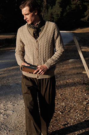 Erkek V Yaka Kalın Saç Örgülü Yün Ceket K.Bej