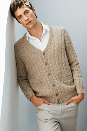 Erkek V Yaka Kalın Saç Örgülü Yün Ceket K.Bej