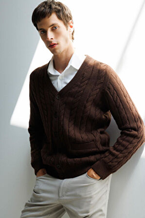 Erkek V Yaka Kalın Saç Örgülü Yün Ceket M.Kahve