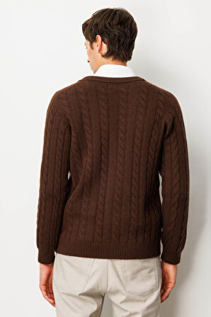 Erkek V Yaka Kalın Saç Örgülü Yün Ceket M.Kahve