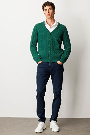 Erkek V Yaka Kalın Saç Örgülü Yün Ceket Ö.Başı