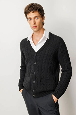 Erkek V Yaka Kalın Saç Örgülü Yün Ceket Siyah