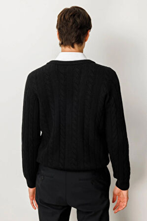 Erkek V Yaka Kalın Saç Örgülü Yün Ceket Siyah