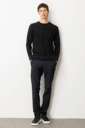 Erkek Sıfır Yaka Çizgili Baklavalı Yün Kazak Siyah