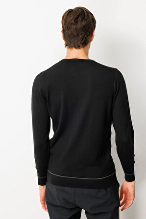 Erkek Sıfır Yaka Çizgili Baklavalı Yün Kazak Siyah