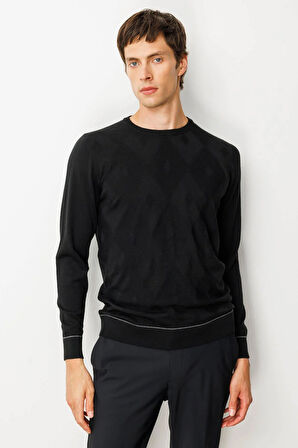 Erkek Sıfır Yaka Çizgili Baklavalı Yün Kazak Siyah