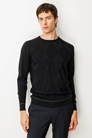 Erkek Sıfır Yaka Çizgili Baklavalı Yün Kazak Siyah