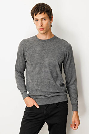 Erkek Sıfır Yaka Çizgili Baklavalı Yün Kazak Füme