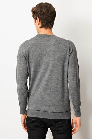 Erkek Sıfır Yaka Çizgili Baklavalı Yün Kazak Füme