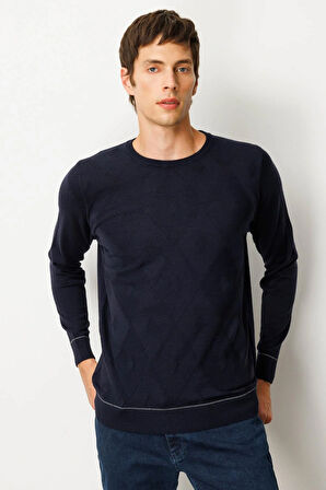 Erkek Sıfır Yaka Çizgili Baklavalı Yün Kazak K.Lacivert