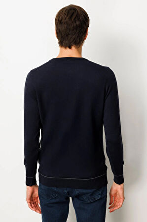 Erkek Sıfır Yaka Çizgili Baklavalı Yün Kazak K.Lacivert