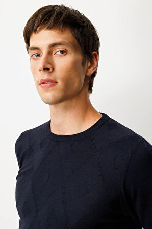 Erkek Sıfır Yaka Çizgili Baklavalı Yün Kazak K.Lacivert