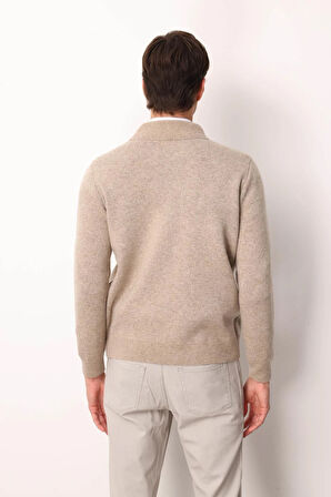 Erkek Hakim Yaka Göğsü ve Cebi Keçe Triko Yün Mont K.Bej