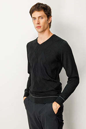 Erkek V Yaka Çizgili Baklavalı Yün Kazak Siyah