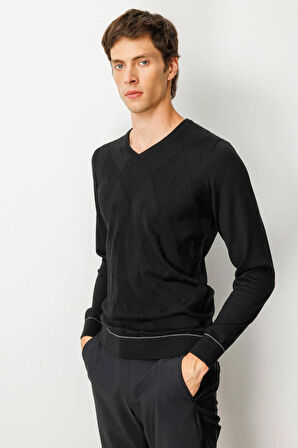 Erkek V Yaka Çizgili Baklavalı Yün Kazak Siyah