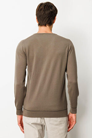 Erkek V Yaka Çizgili Baklavalı Yün Kazak Vizon