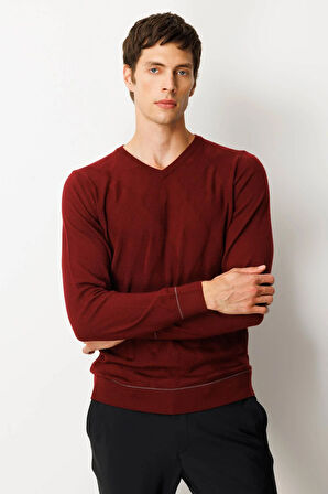 Erkek V Yaka Çizgili Baklavalı Yün Kazak Bordo