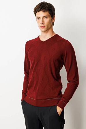 Erkek V Yaka Çizgili Baklavalı Yün Kazak Bordo